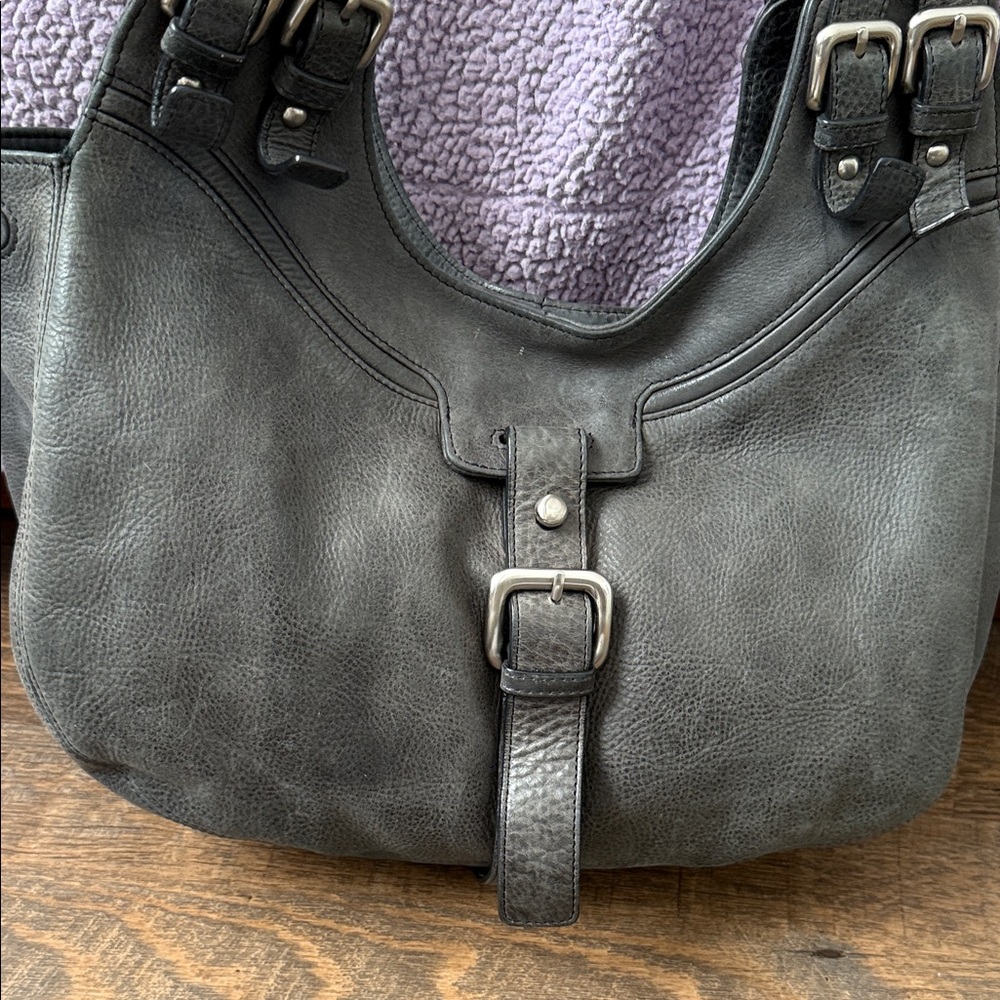 Dark Gray Leather Handbag - Silver Buckles - Spacious and Stylish